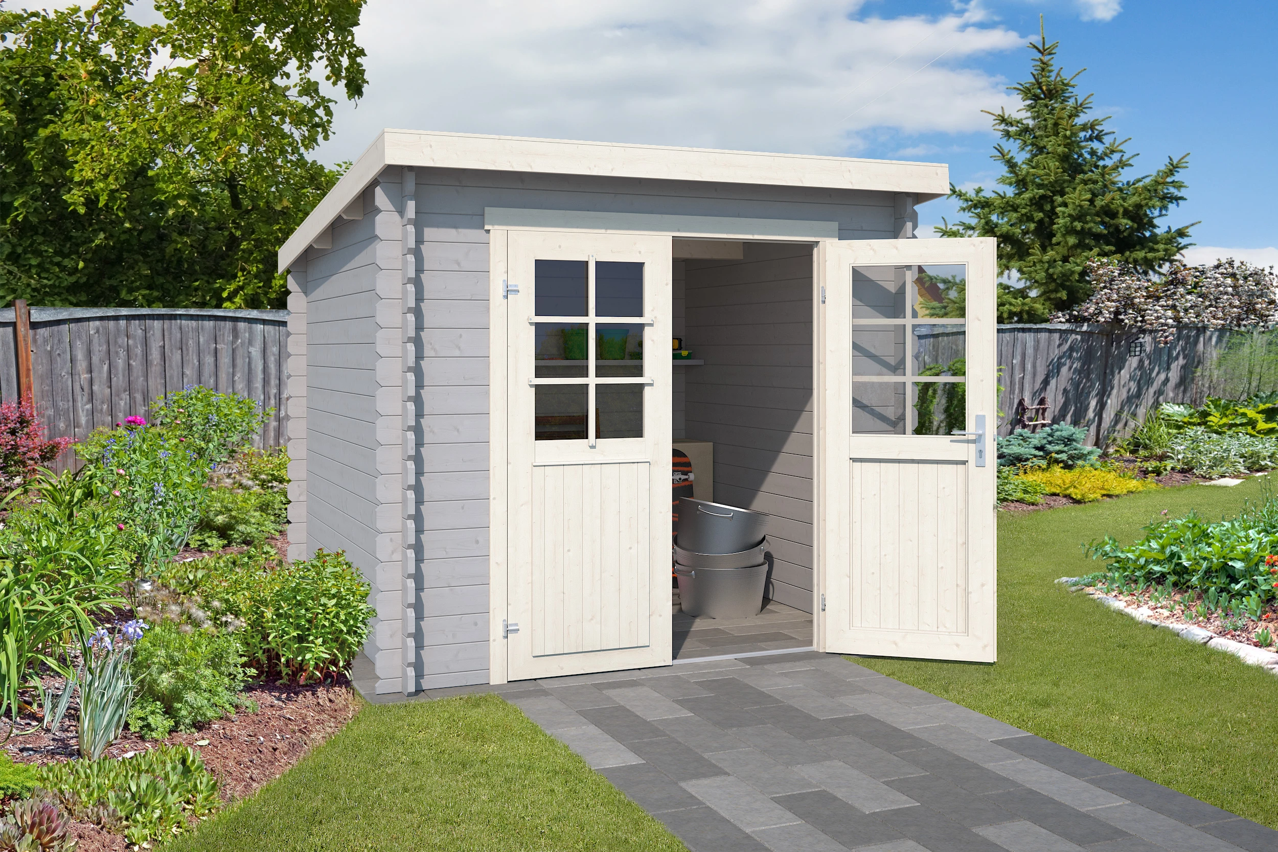 Outdoor Life Blokhut Indi Platinum Grey-Wit 230 x 230 cm - Afbeelding 1