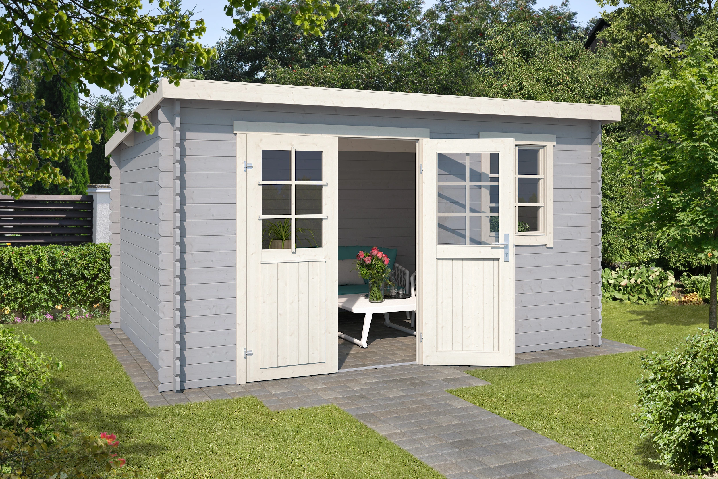 Outdoor Life Blokhut Amira Platinum Grey-Wit 380 x 230 cm - Afbeelding 2