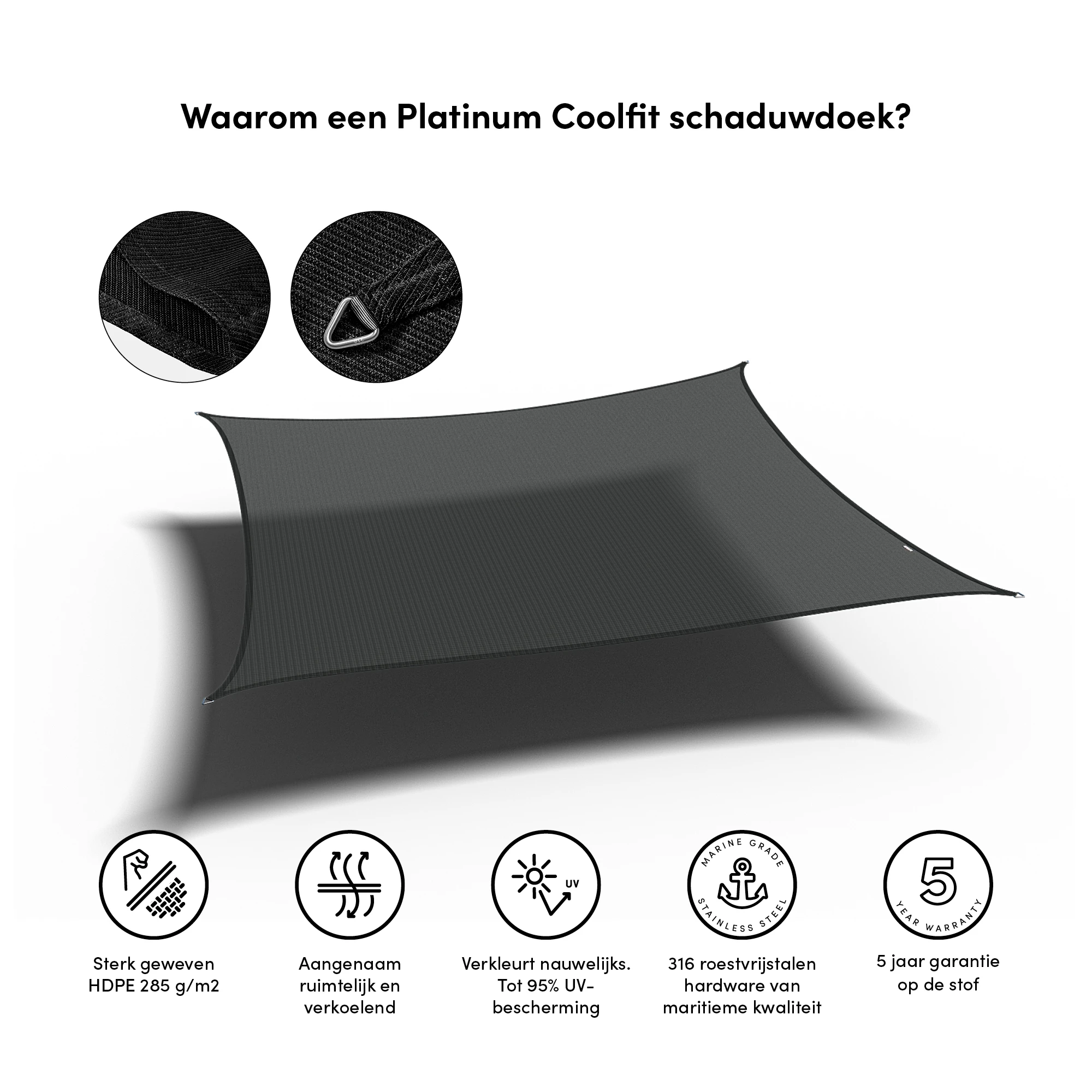 Platinum Schaduwdoek Vierkant 500 x 500 cm Zwart - Afbeelding 4