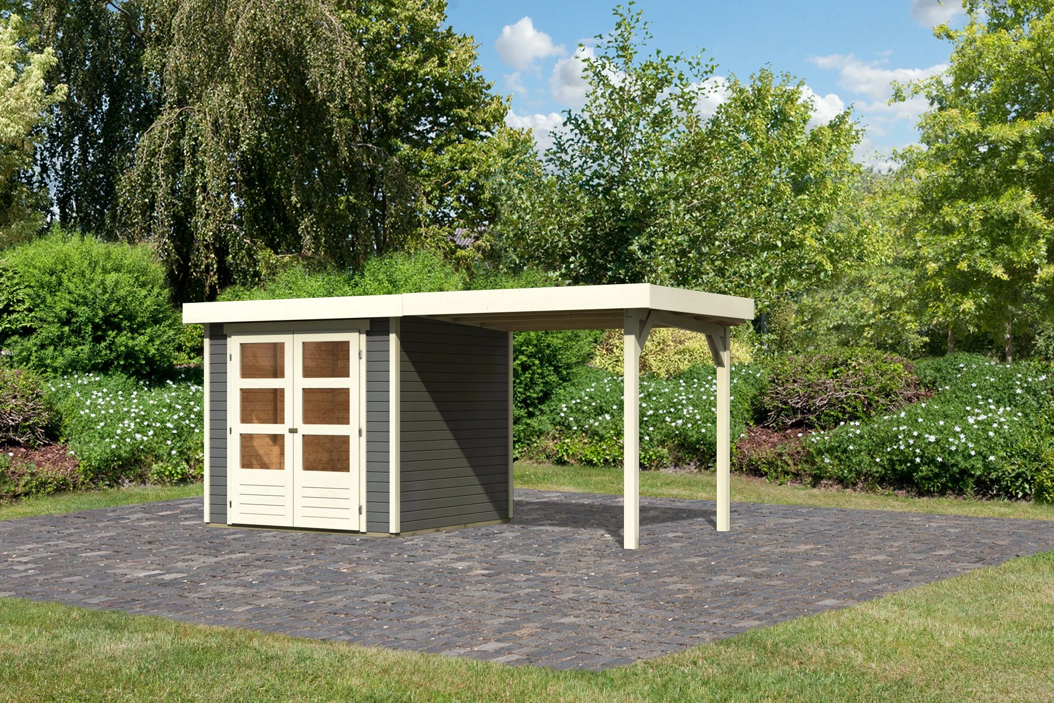 Karibu Tuinhuis Askola 2 Grijs met Overkapping - 467 x 238 cm - Afbeelding 5