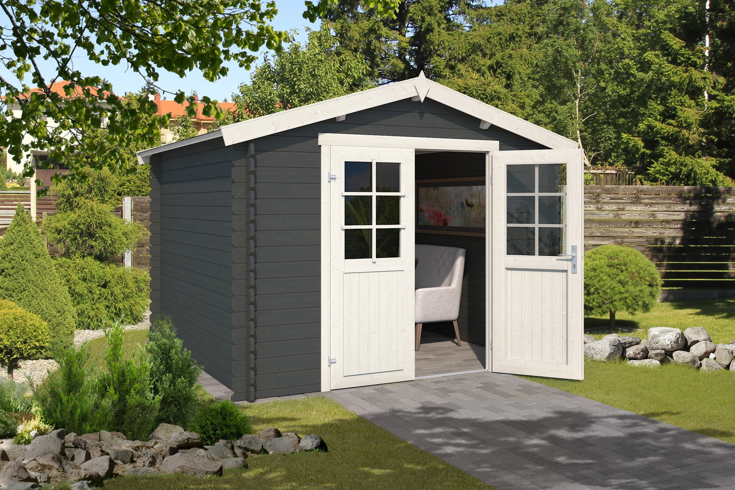 Outdoor Life Blokhut Norah Carbon Grey-Wit 275 x 275 cm - Afbeelding 1