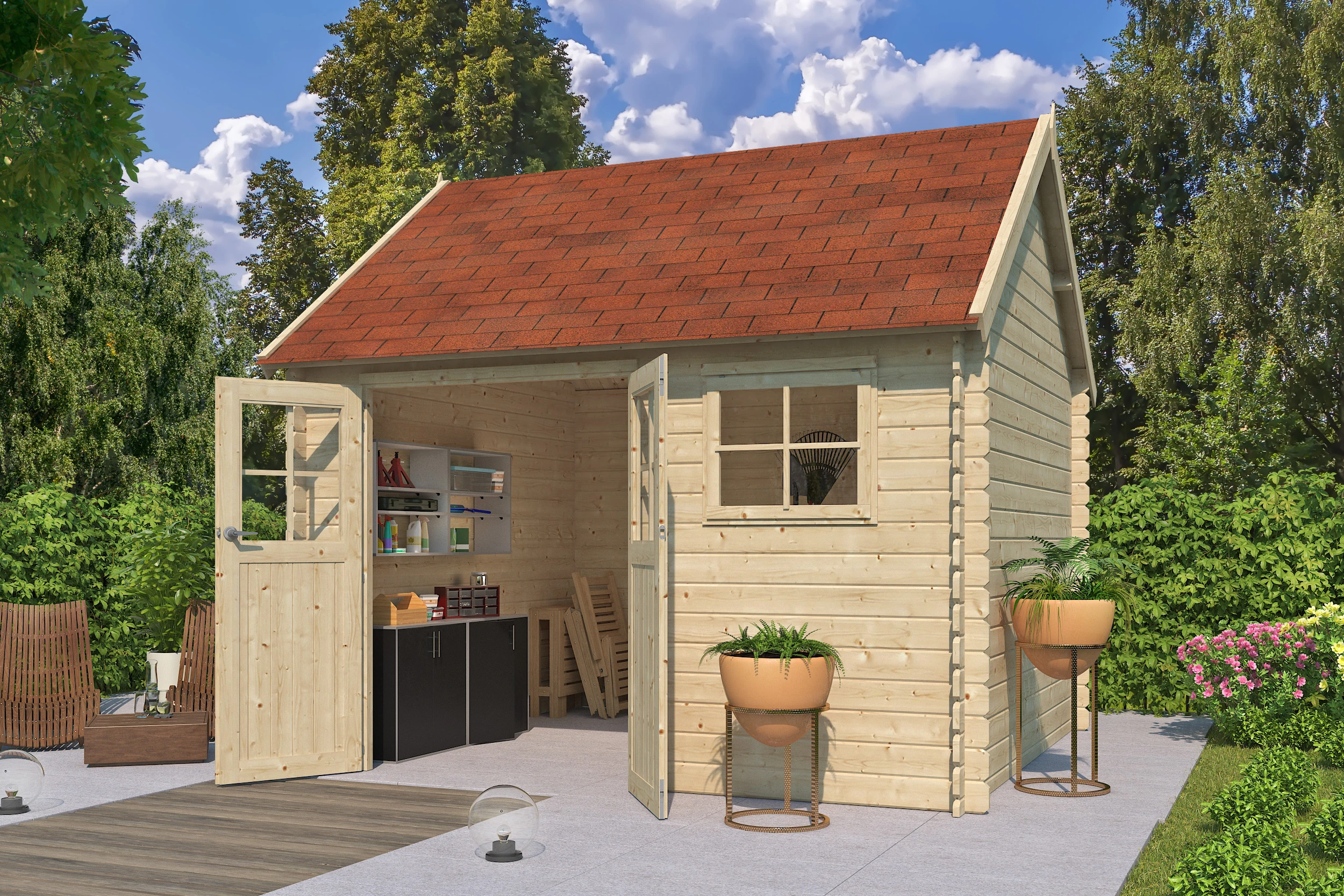 Woodlands Blokhut Coventry L 355 x 320 cm Wanddikte 28 mm - Afbeelding 6