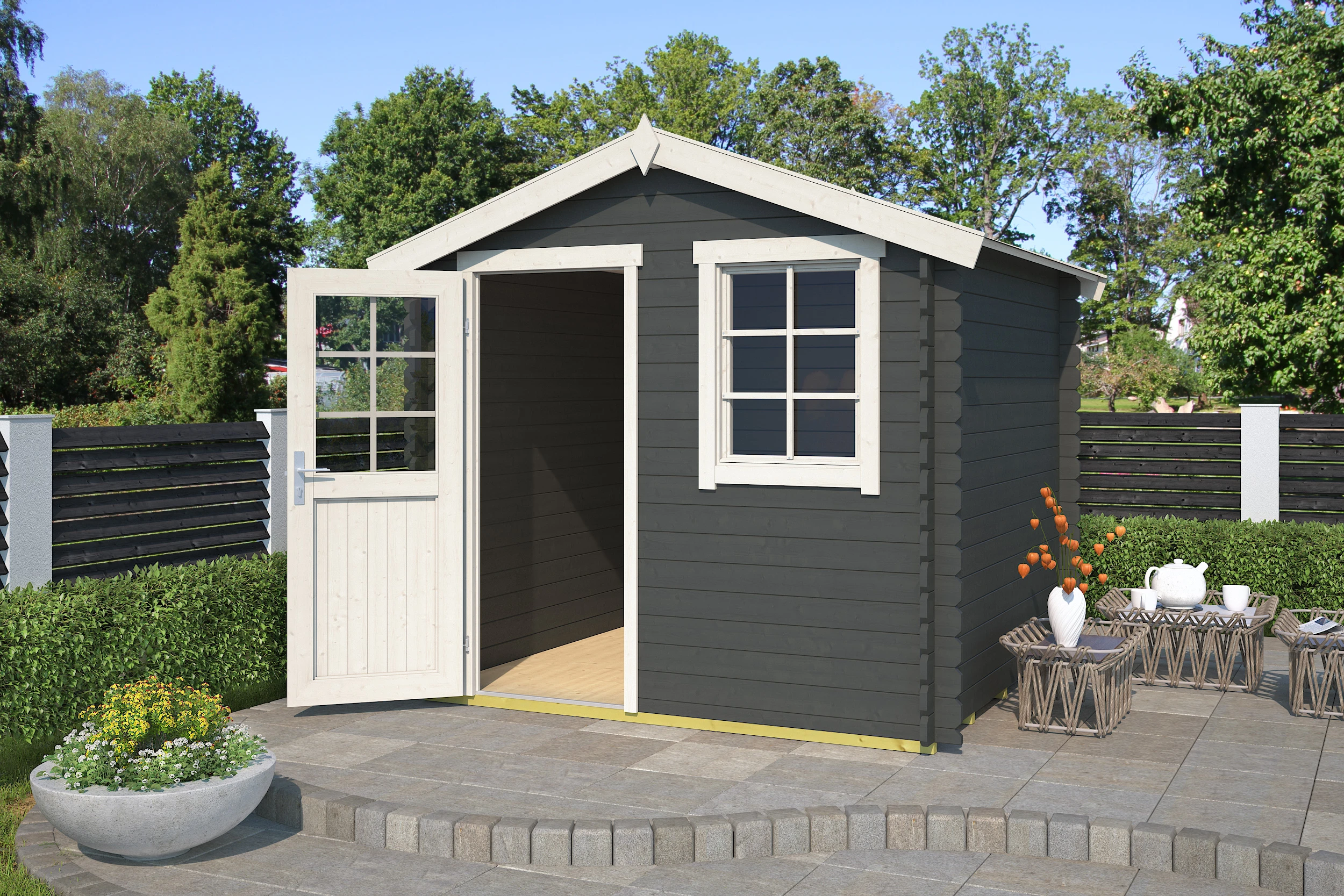 Outdoor life Blokhut Wels Carbon Grey-Wit 230 x 230 cm - Afbeelding 1