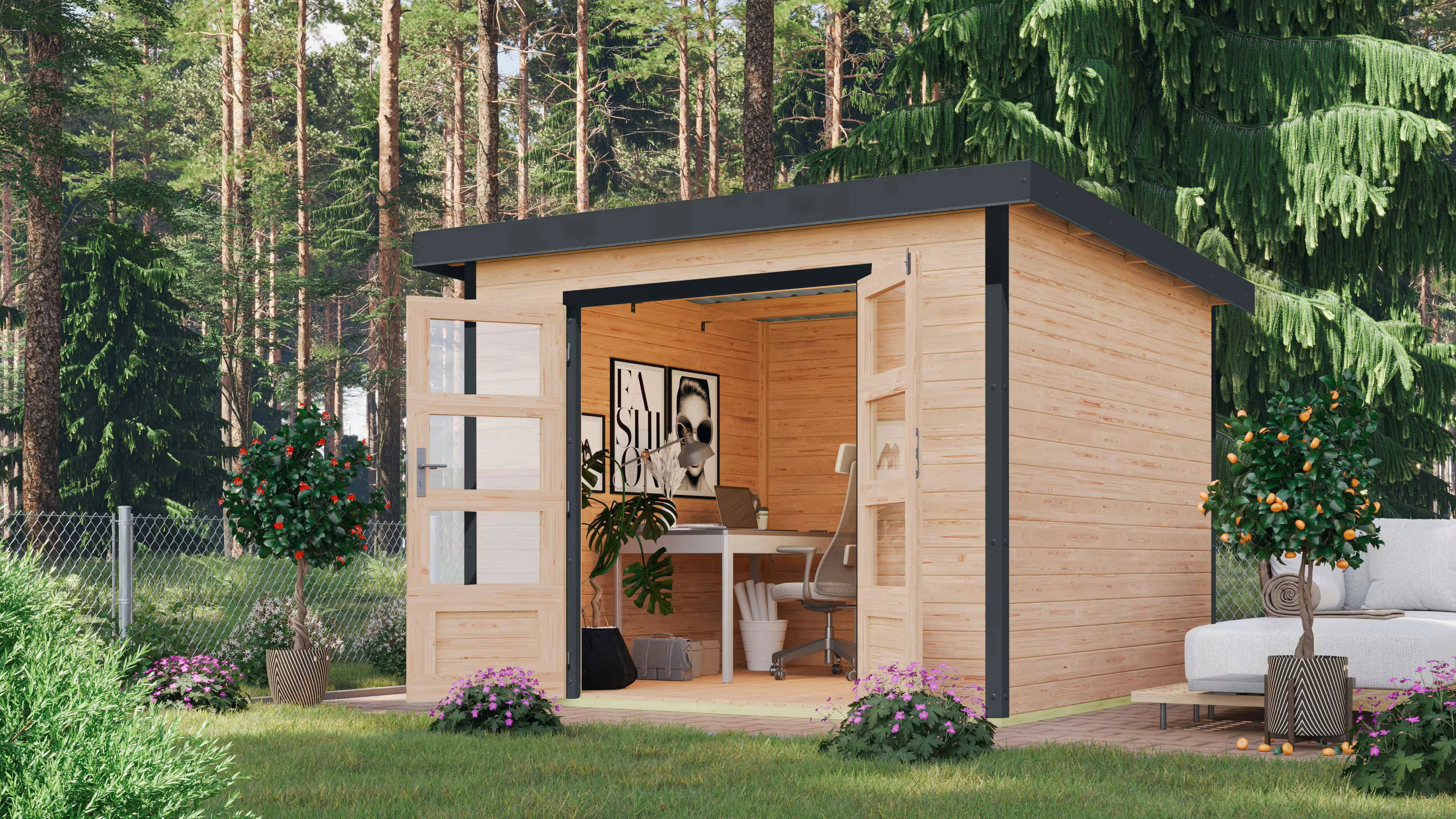 Karibu Hybrid Tuinhuis Pluto A Natuurlijk Antraciet 271 x 271 cm - Afbeelding 1