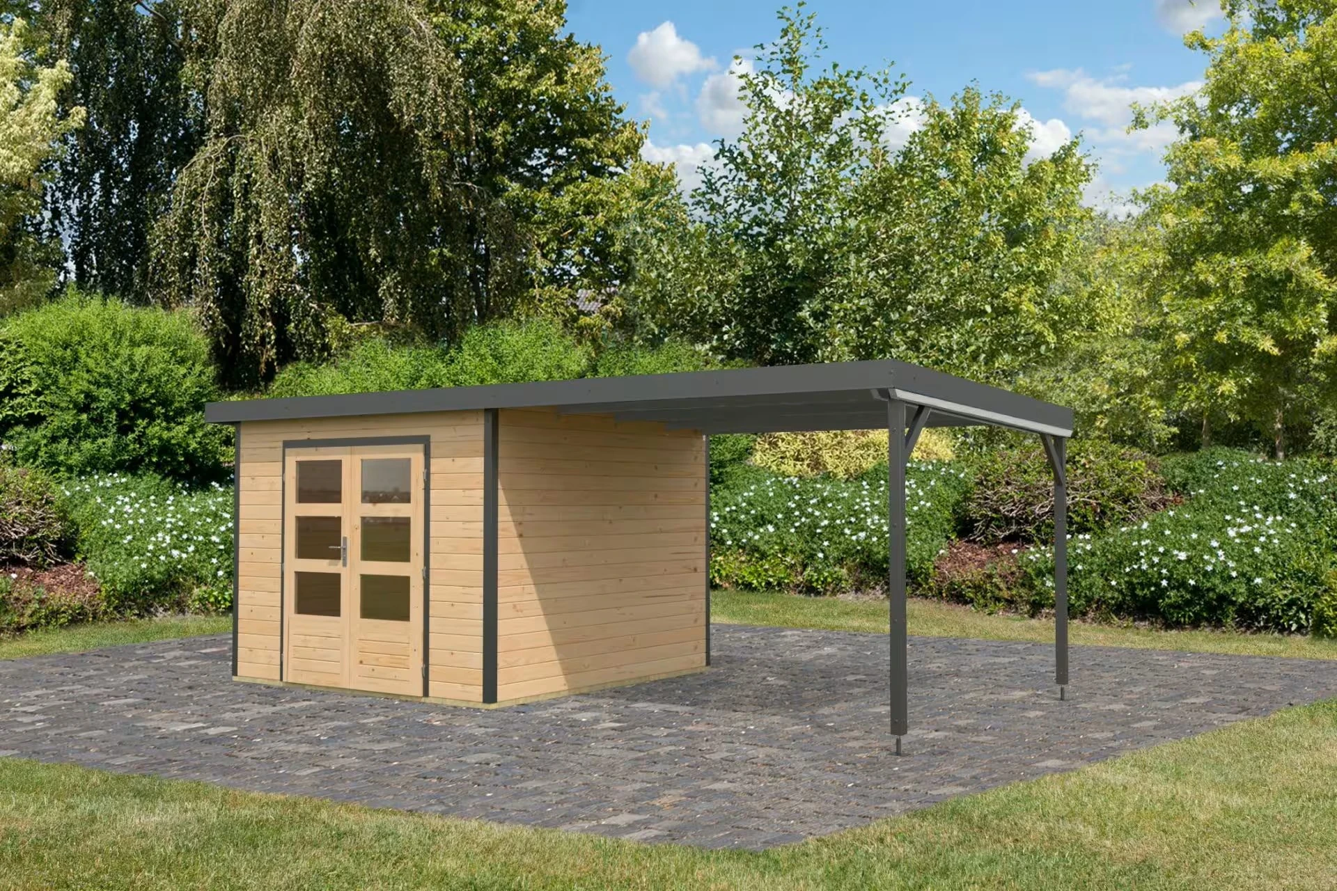 Karibu Tuinhuis Pluto A met Overkapping Blank-Antraciet 571 x 271 cm - Afbeelding 4