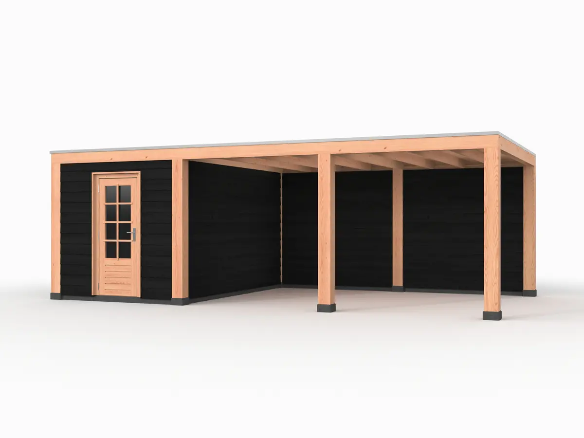 Douglas overkapping, 750 x 300, met zwarte schuur en achterwand, Westwood Modern - Afbeelding 1