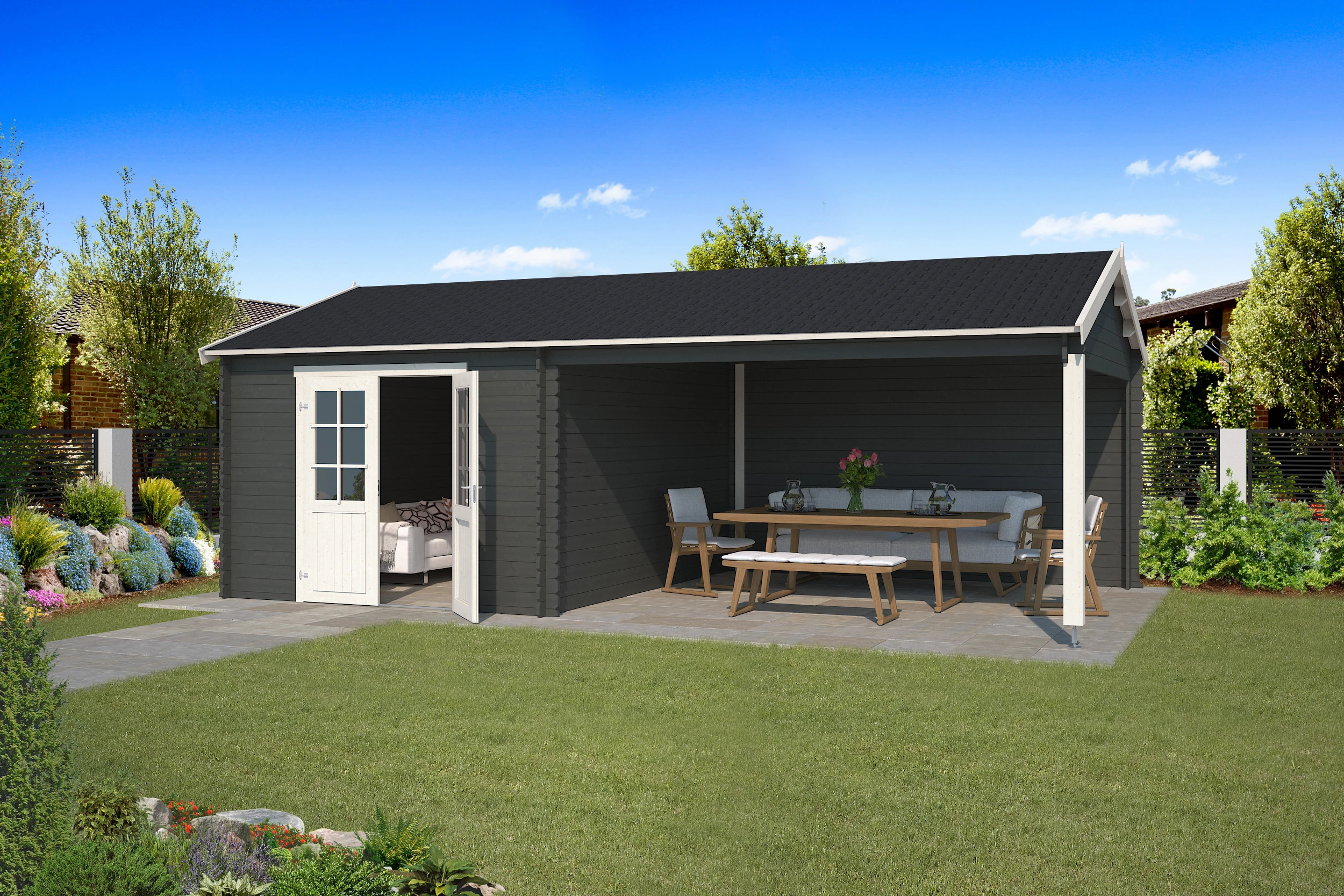 Outdoor Life Blokhut Octavio Carbon Grey-Wit 680 x 380 cm - Afbeelding 1