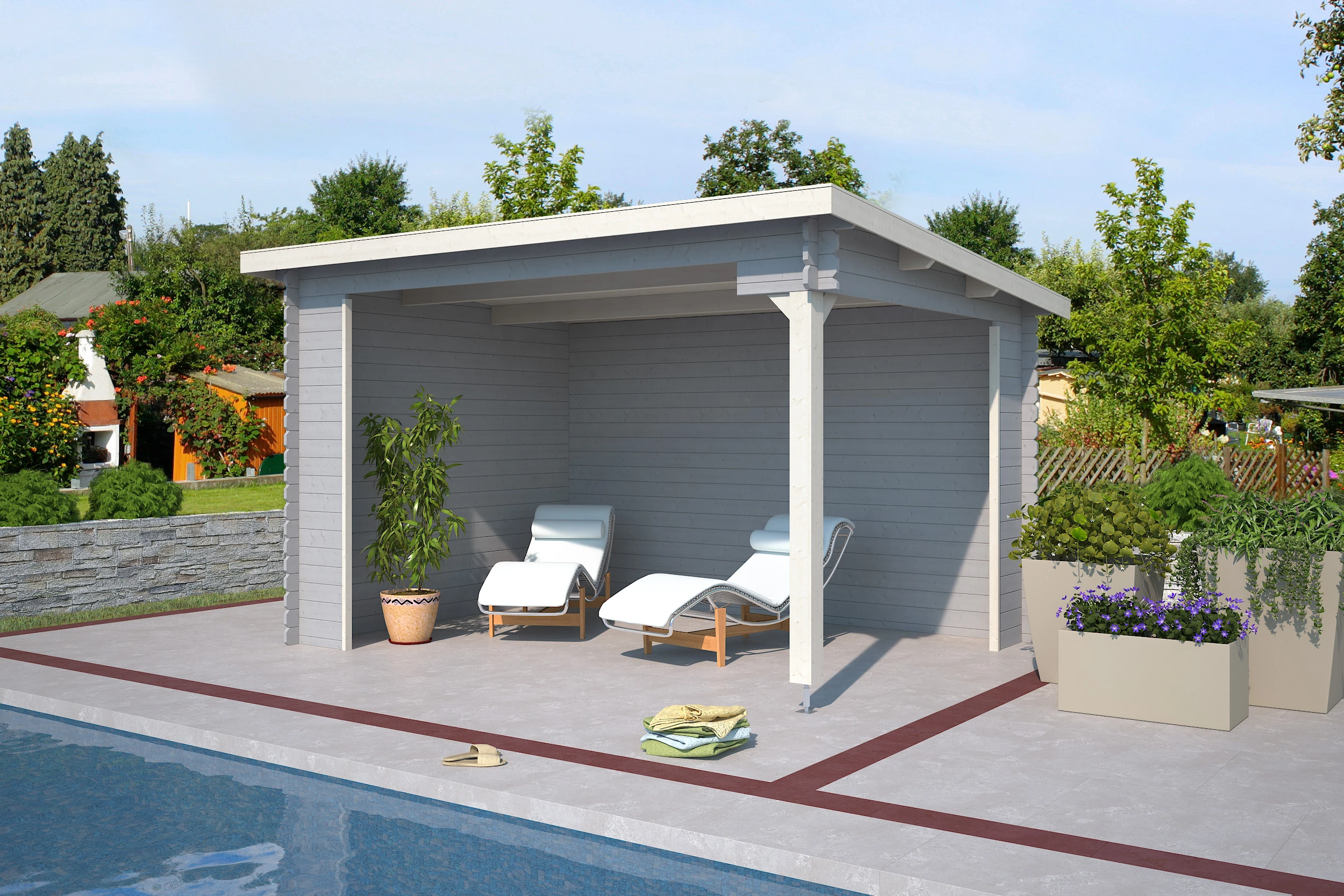 Outdoor Life Blokhut Lara Platinum Grey-Wit 380 x 275 cm - Afbeelding 1