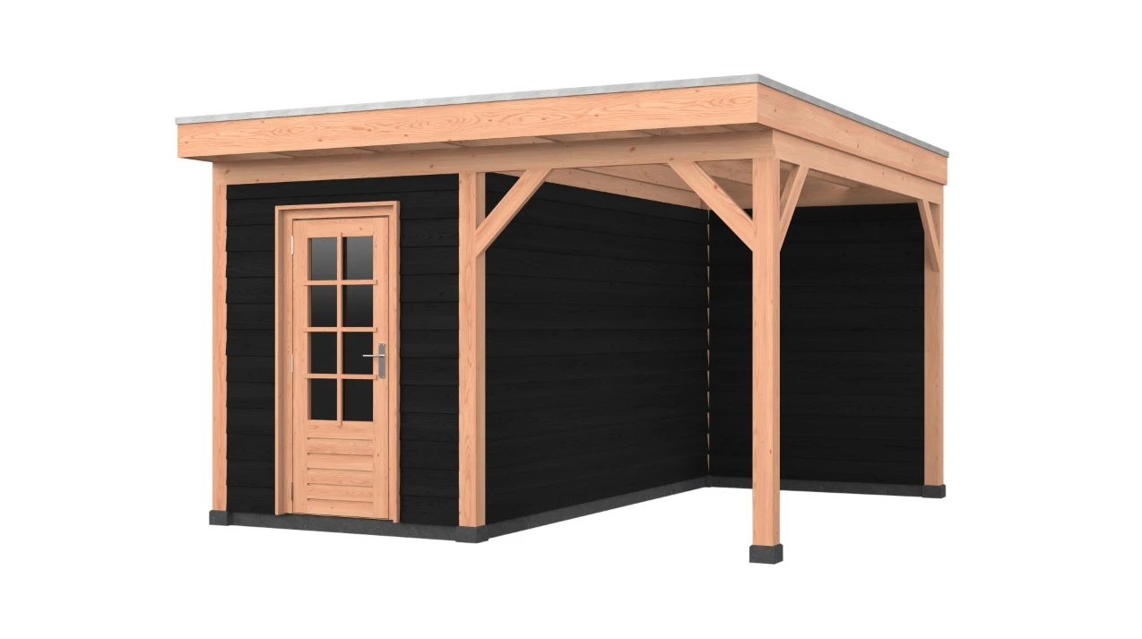 Douglas overkapping, 400 x 400, met schuur en achterwand, Westwood Comfort Zwart - Afbeelding 1