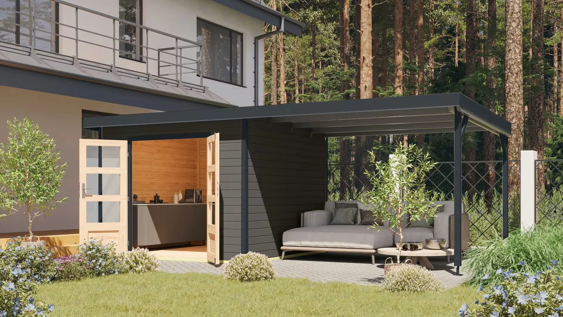 Karibu Tuinhuis Pluto B met Overkapping Antraciet-Antraciet 571 x 271 cm - Afbeelding 1