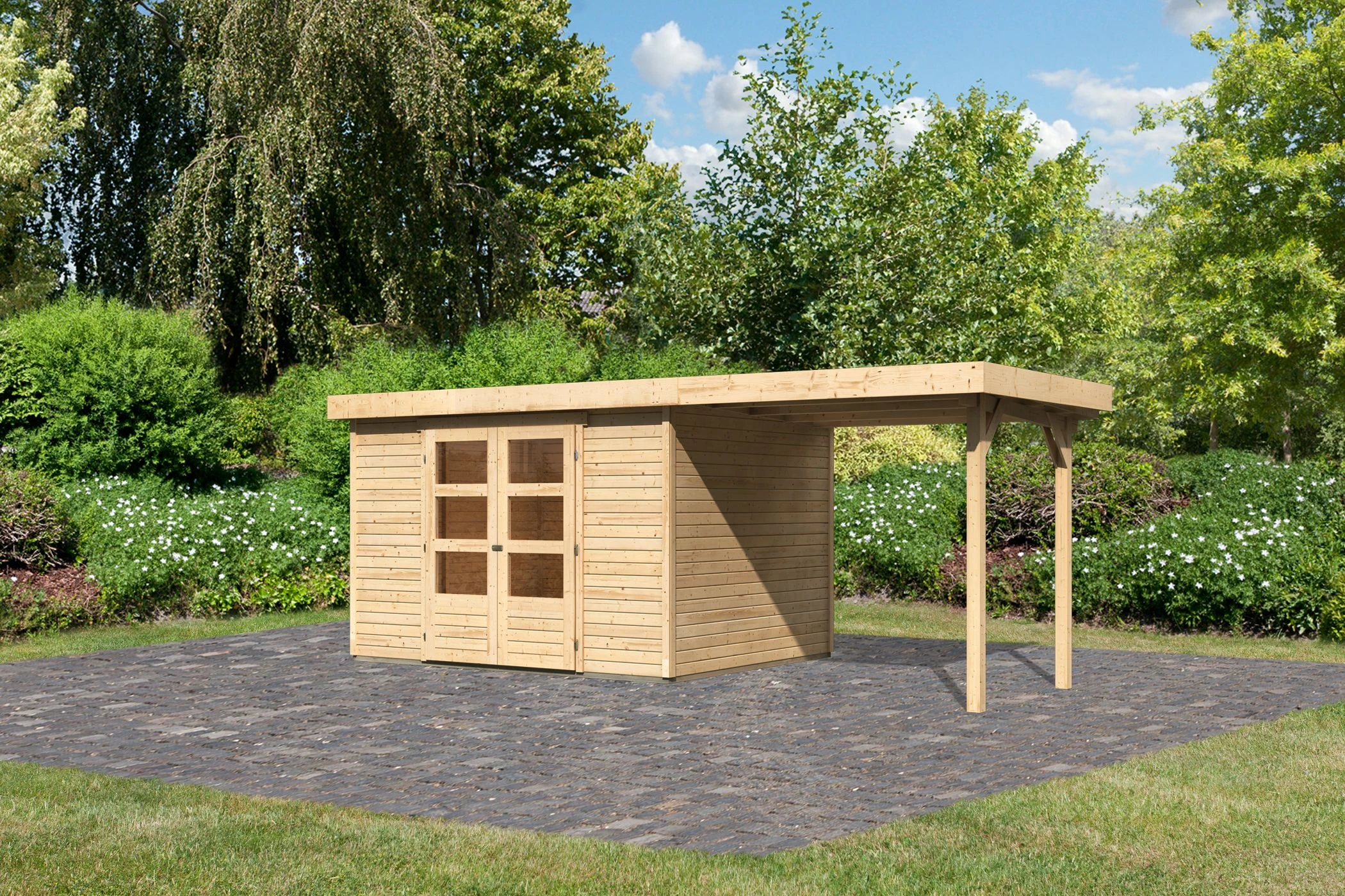 Karibu Tuinhuis Askola 5 met Overkapping 554 x 262 cm (Wanddikte 19 mm) - Afbeelding 1