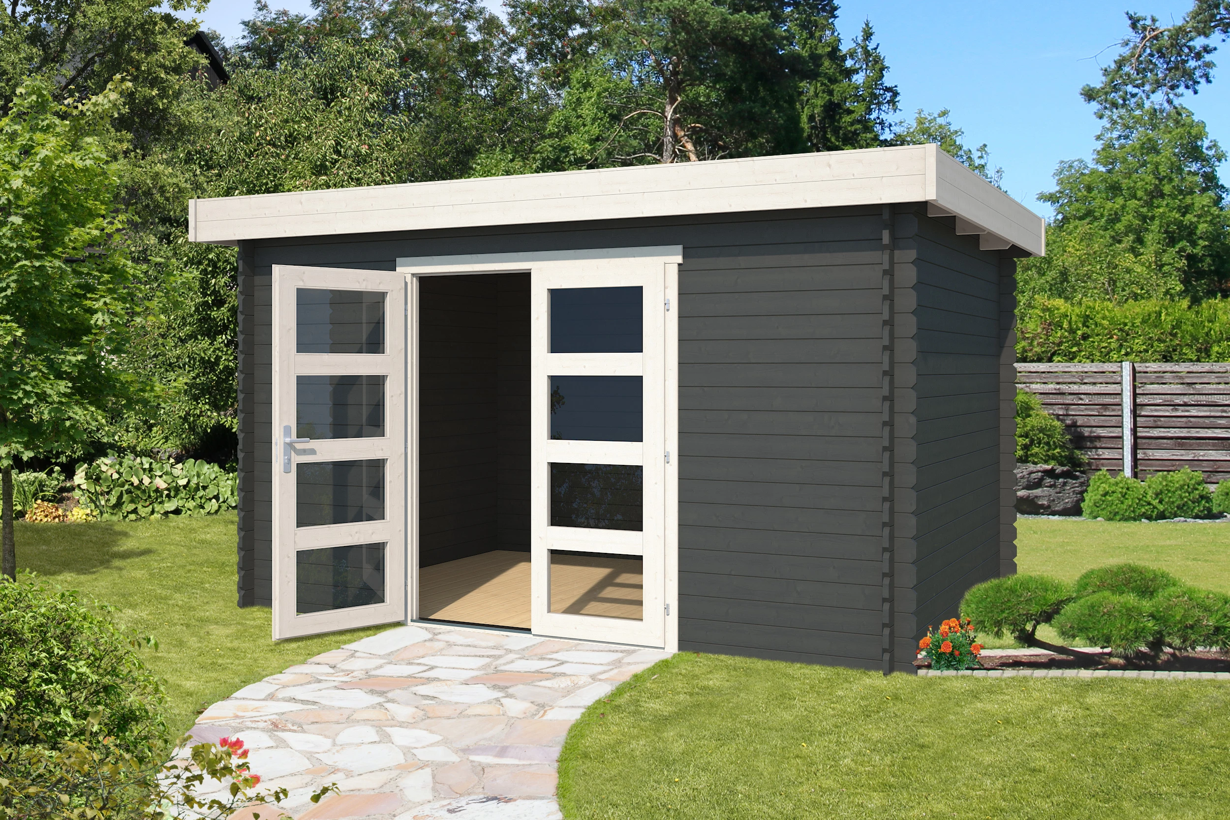 Outdoor Life Blokhut Mikkel Carbon Grey-Wit 380 x 275 cm - Afbeelding 1