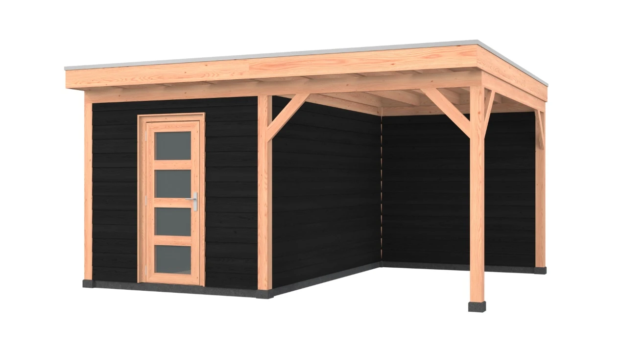 Douglas overkapping, 500 x 400, met schuur en achterwand, Westwood Comfort Zwart - Afbeelding 1
