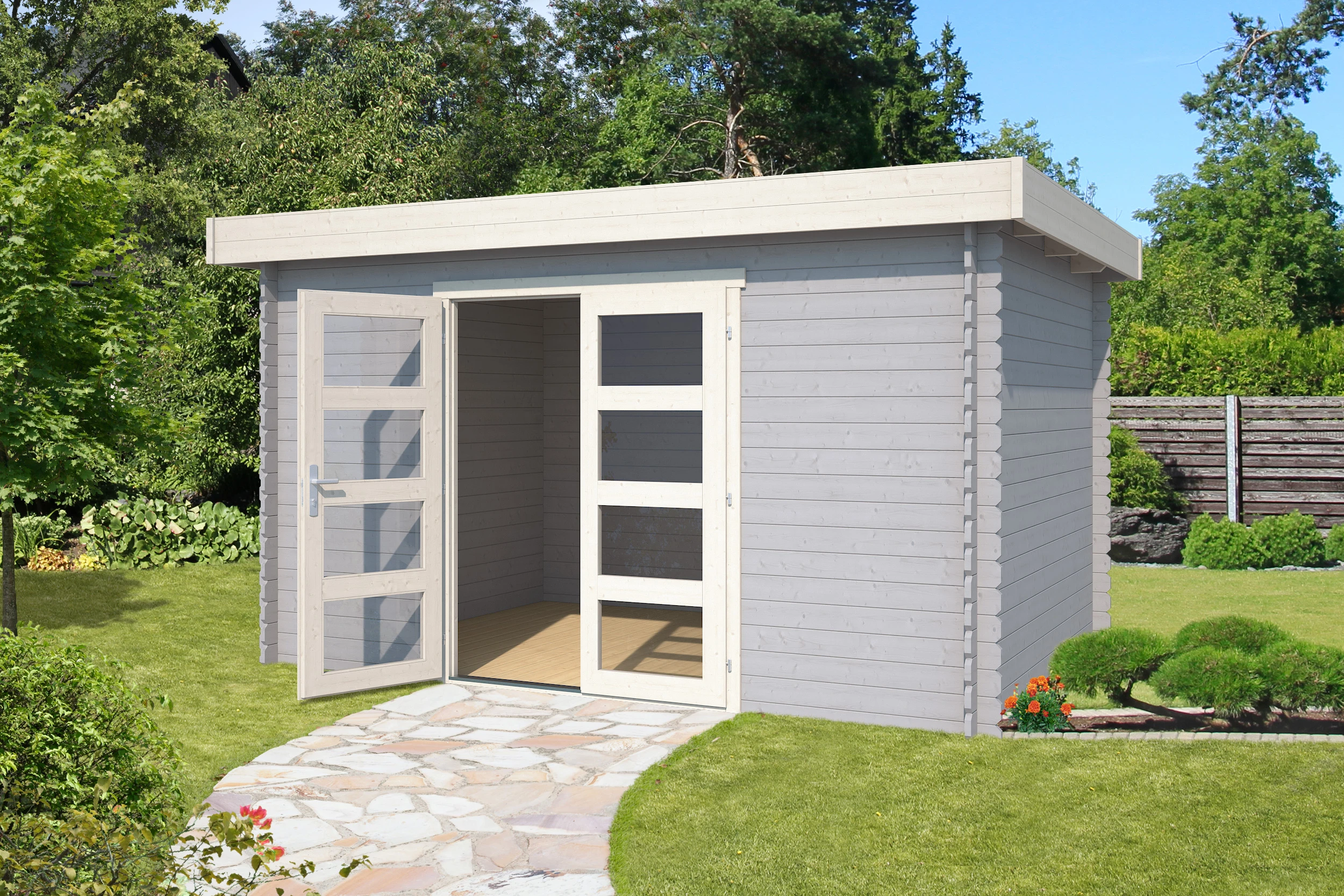 Outdoor Life Blokhut Mikkel Platinum Grey-Wit 380 x 275 cm - Afbeelding 1