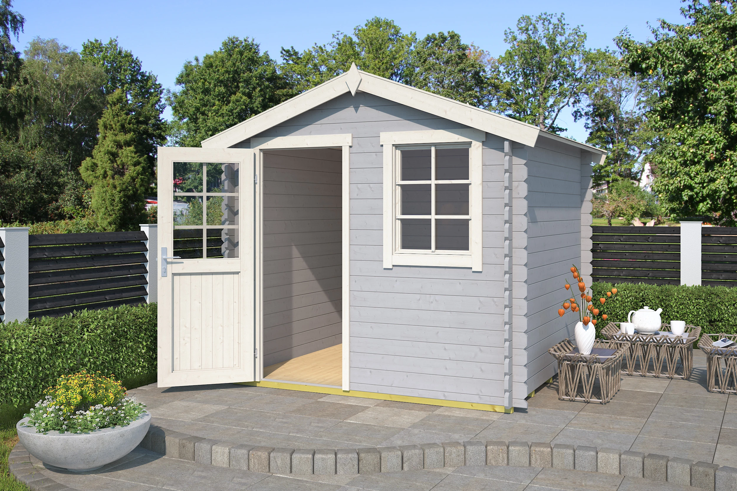 Outdoor life Blokhut Wels Platinum Grey-Wit 230 x 230 cm - Afbeelding 1