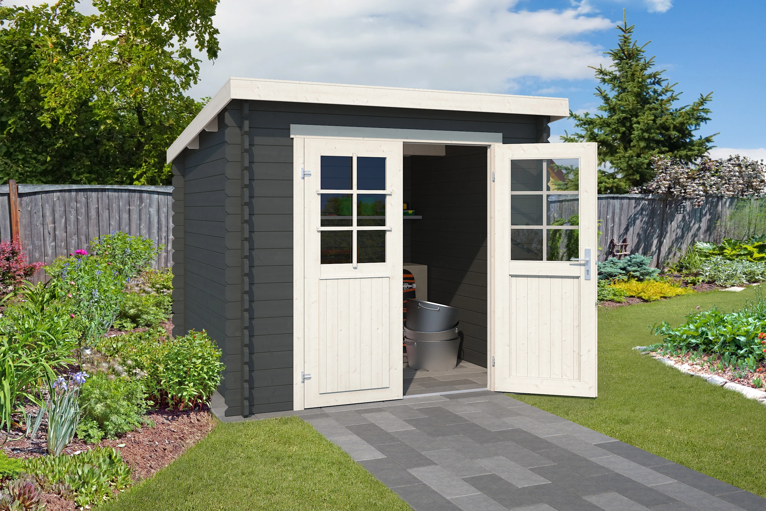 Outdoor life Blokhut Indi Carbon Grijs-Wit 230 x 175 cm - Afbeelding 1
