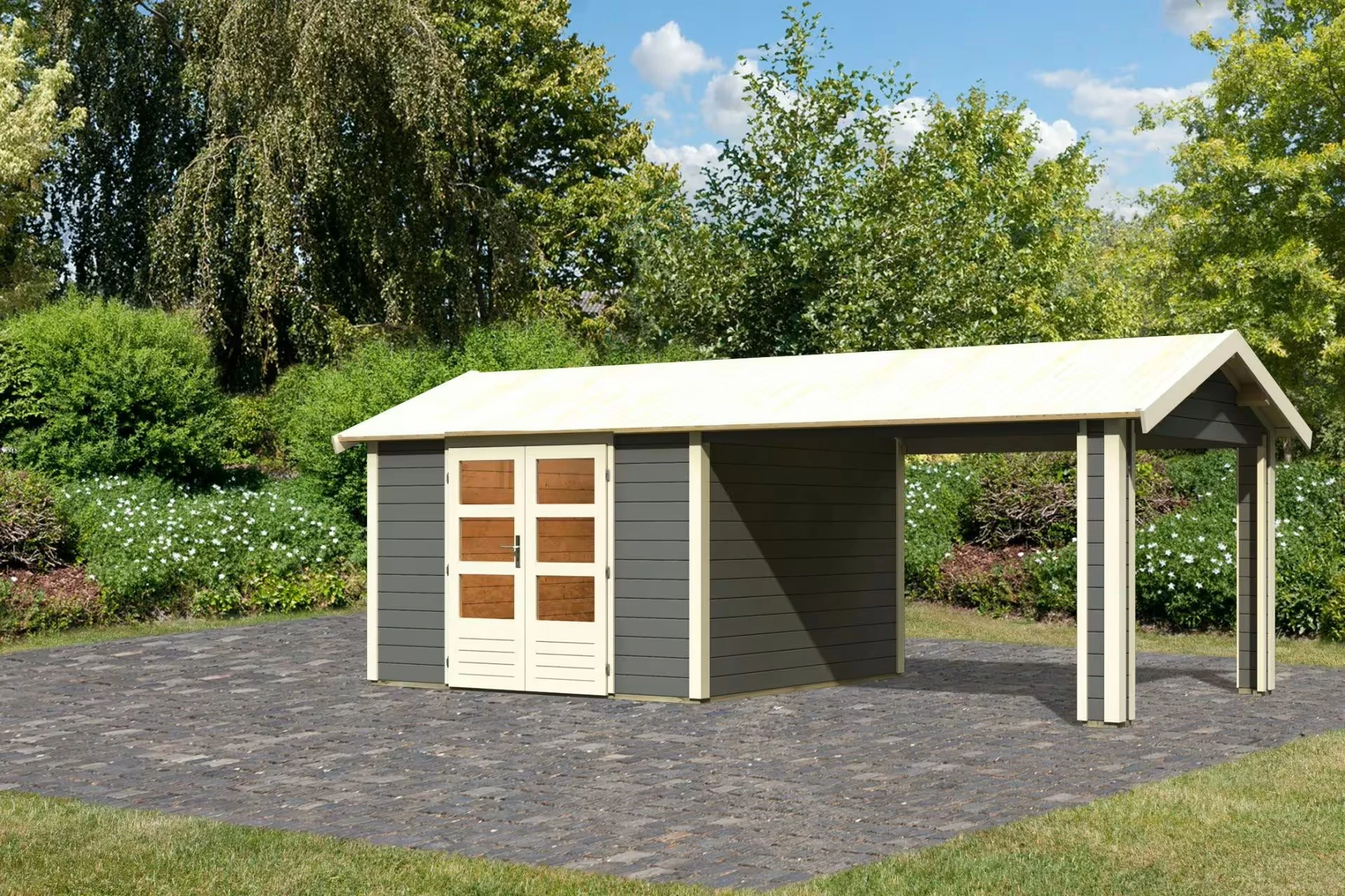 Karibu Tuinhuis Theres 7 28 mm met Overkapping Terragrijs 604 x 300 cm - Afbeelding 3