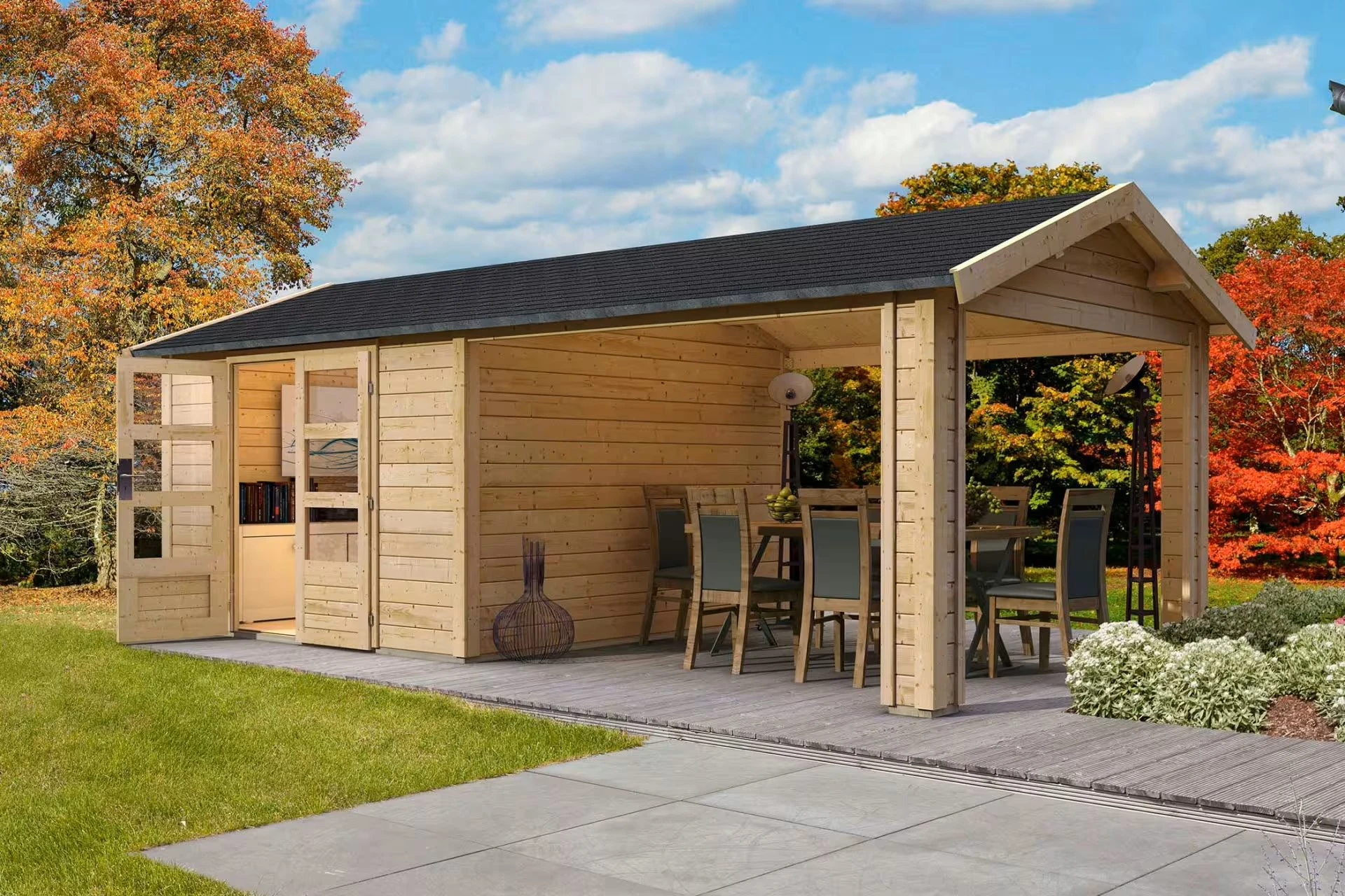 Karibu Tuinhuis Theres 7 met Overkapping 604 x 300 cm - Afbeelding 1