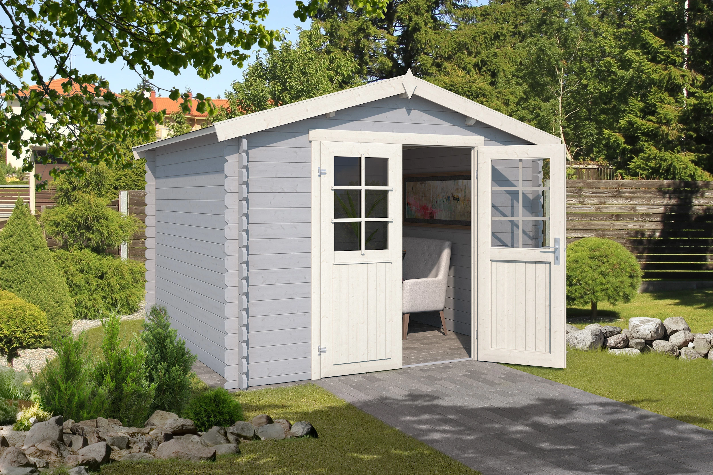 Outdoor Life Blokhut Norah Platinum Grey-Wit 275 x 230 cm - Afbeelding 3