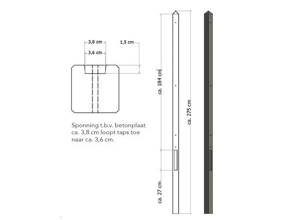 Beton Begin - Eindpaal 8.5 x 8.5 cm (85 x 85 mm) Lichtgewicht Glad Antraciet - Lengte 275 cm - Afbeelding 5