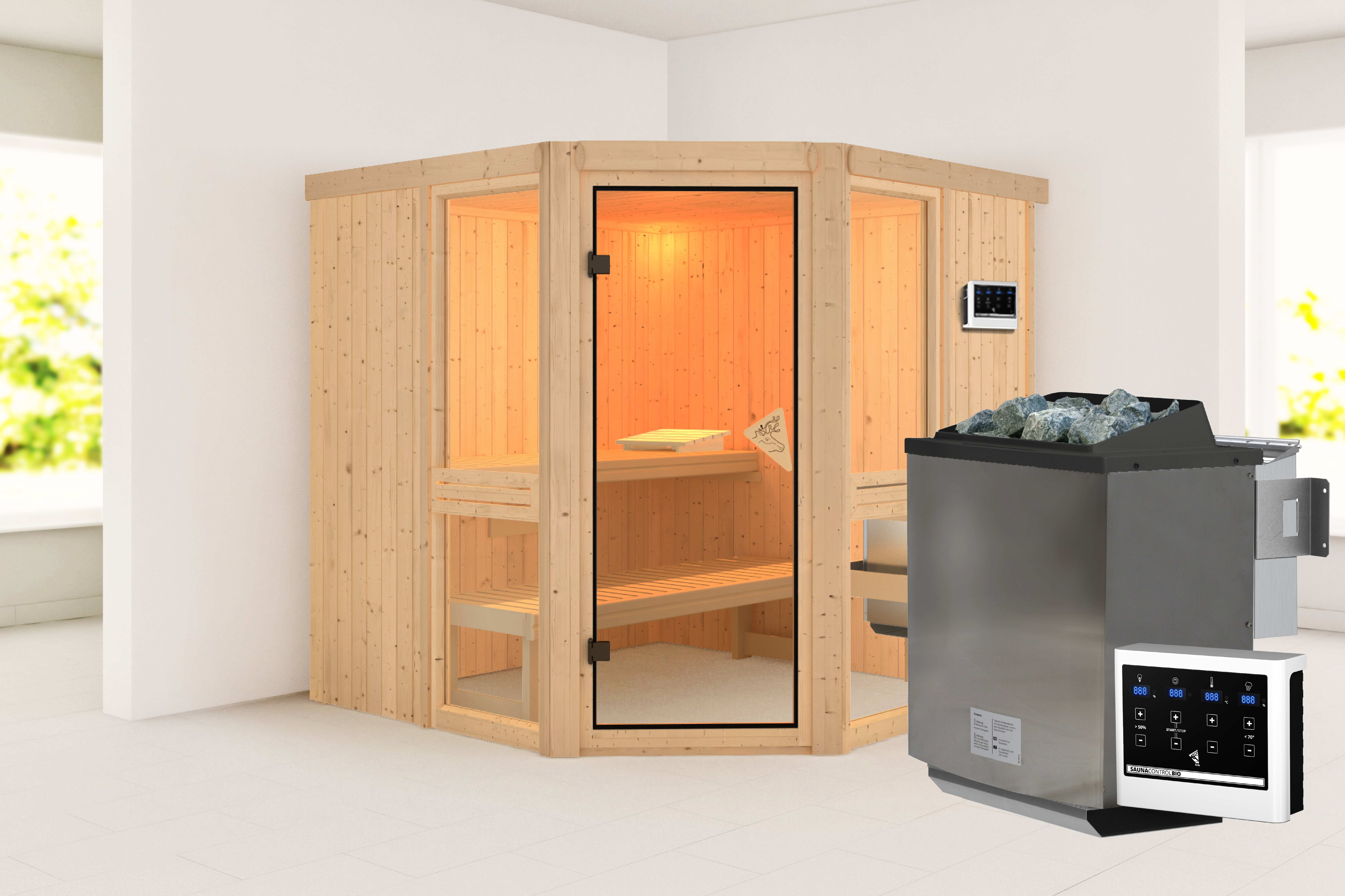 Karibu Sauna Kille Eckeinstieg Bio Combi 196 x 196 x 198 cm | NuBuiten