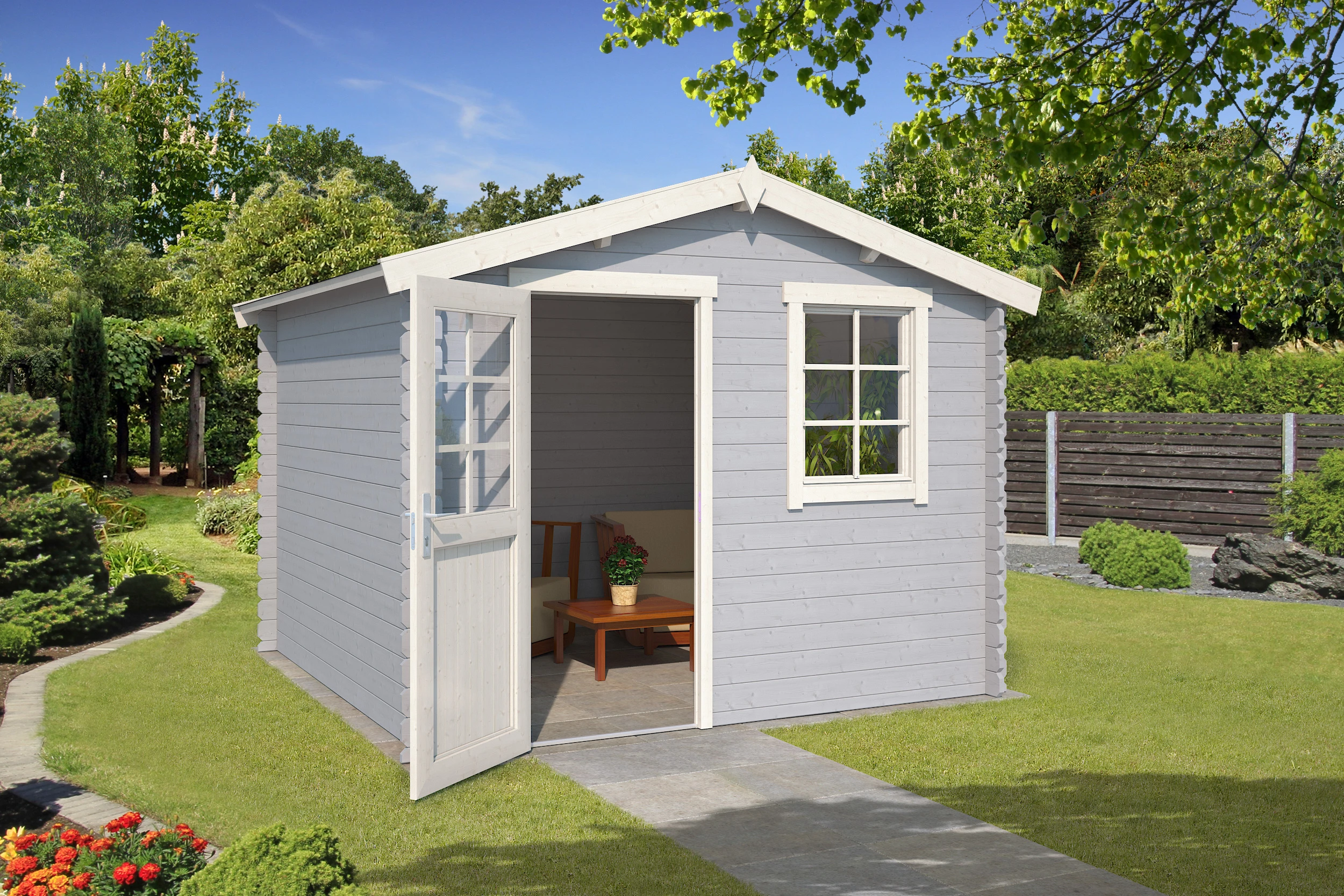 Outdoor Life Blokhut Nina Platinum Grey-Wit 275 x 230 cm - Afbeelding 3
