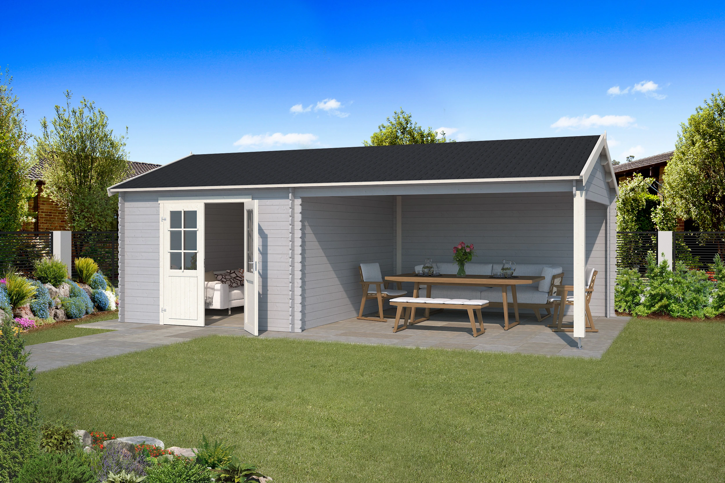 Outdoor Life Blokhut Octavio Platinum Grey-Wit 680 x 380 cm - Afbeelding 1