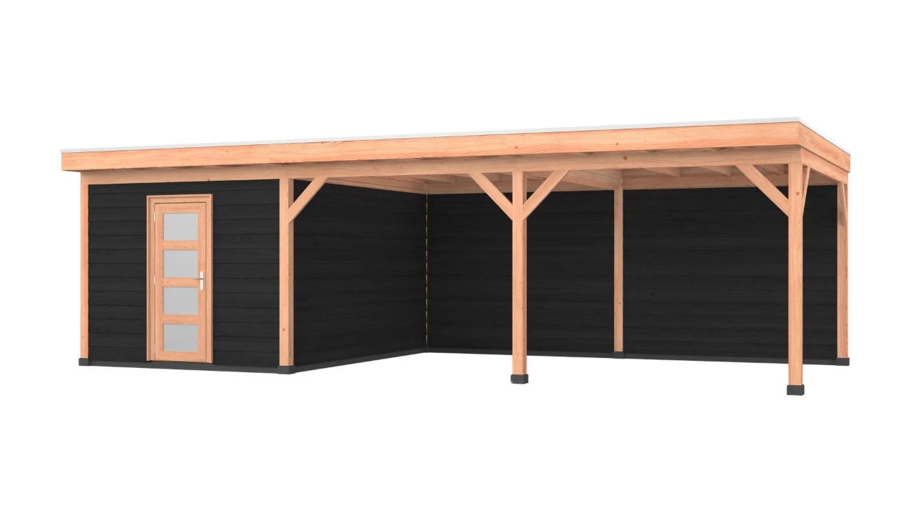 Douglas overkapping, 900 x 400, met zwarte schuur en achterwand, Westwood Comfort - Afbeelding 1
