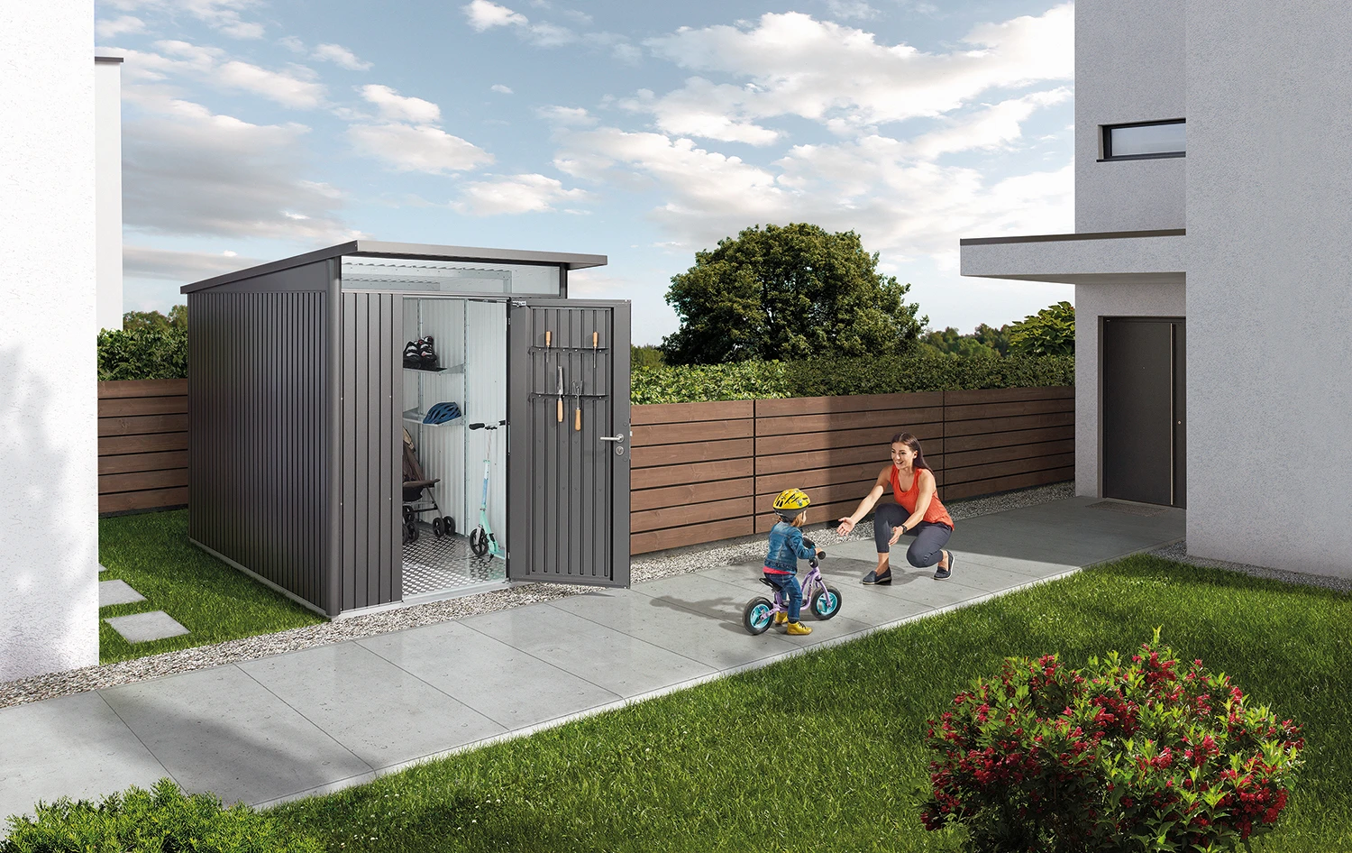 Biohort berging avantgarde met enkele deur donkergrijs, 180 x 380 x 222 cm, A4 - Afbeelding 2