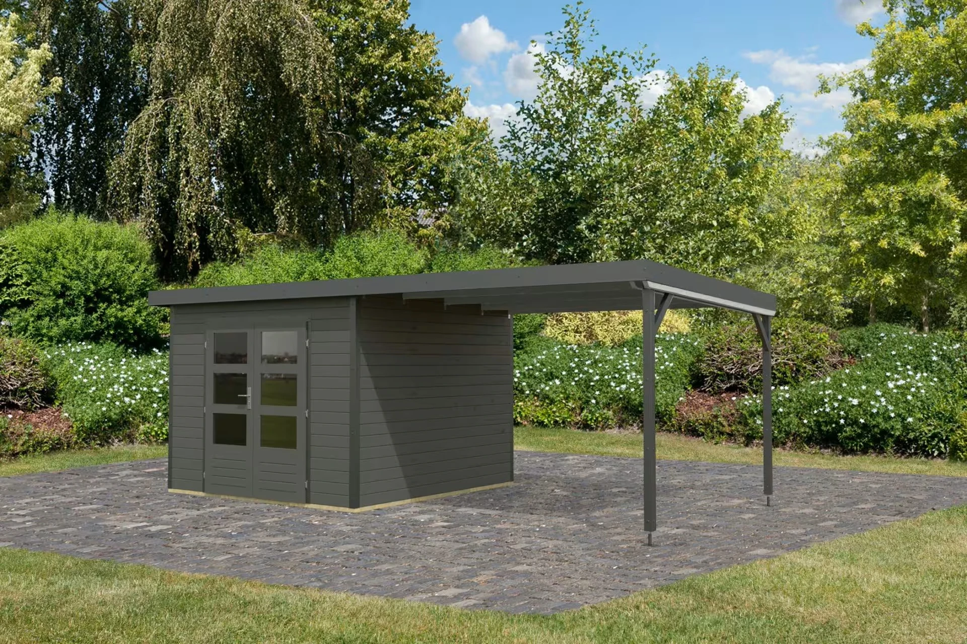 Karibu Tuinhuis Pluto B met Overkapping Antraciet-Antraciet 571 x 271 cm - Afbeelding 3