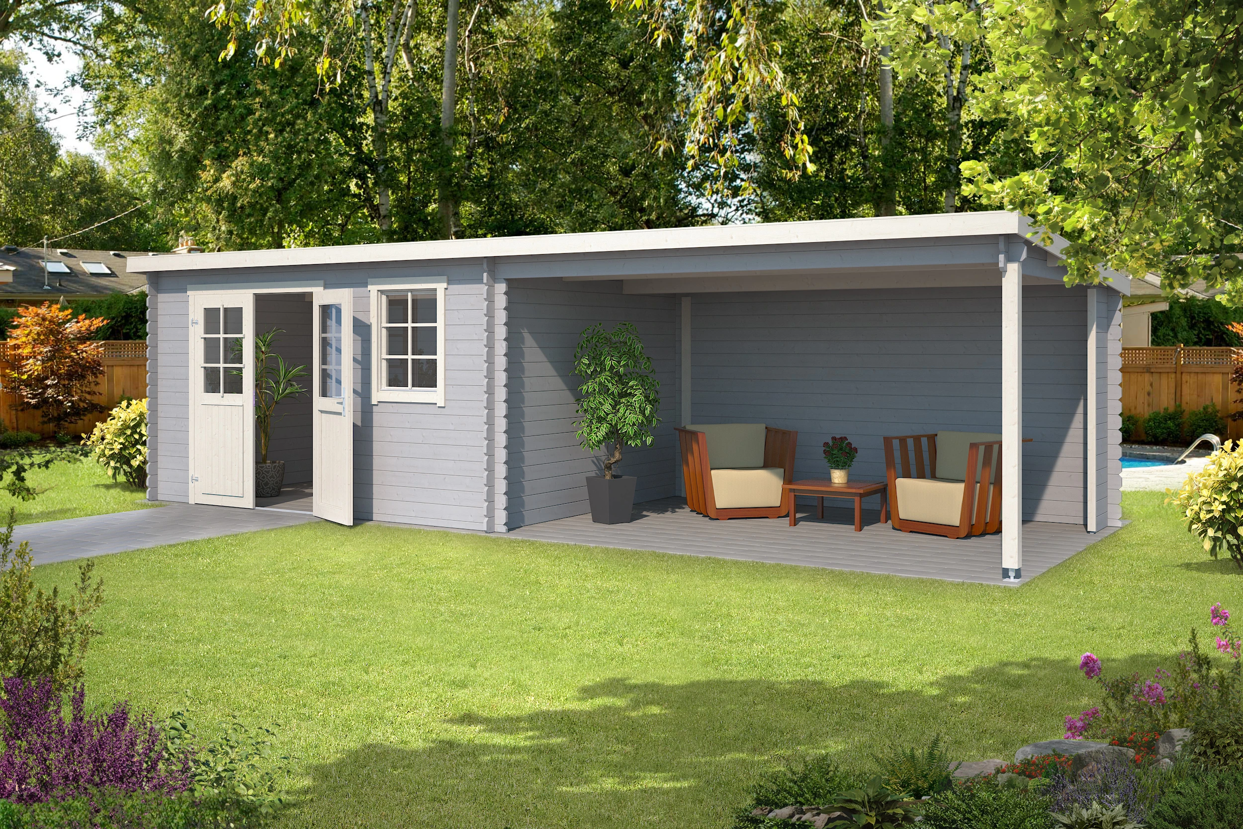 Outdoor Life Blokhut Aida Platinum Grey-Wit 760 x 275 cm - Afbeelding 2