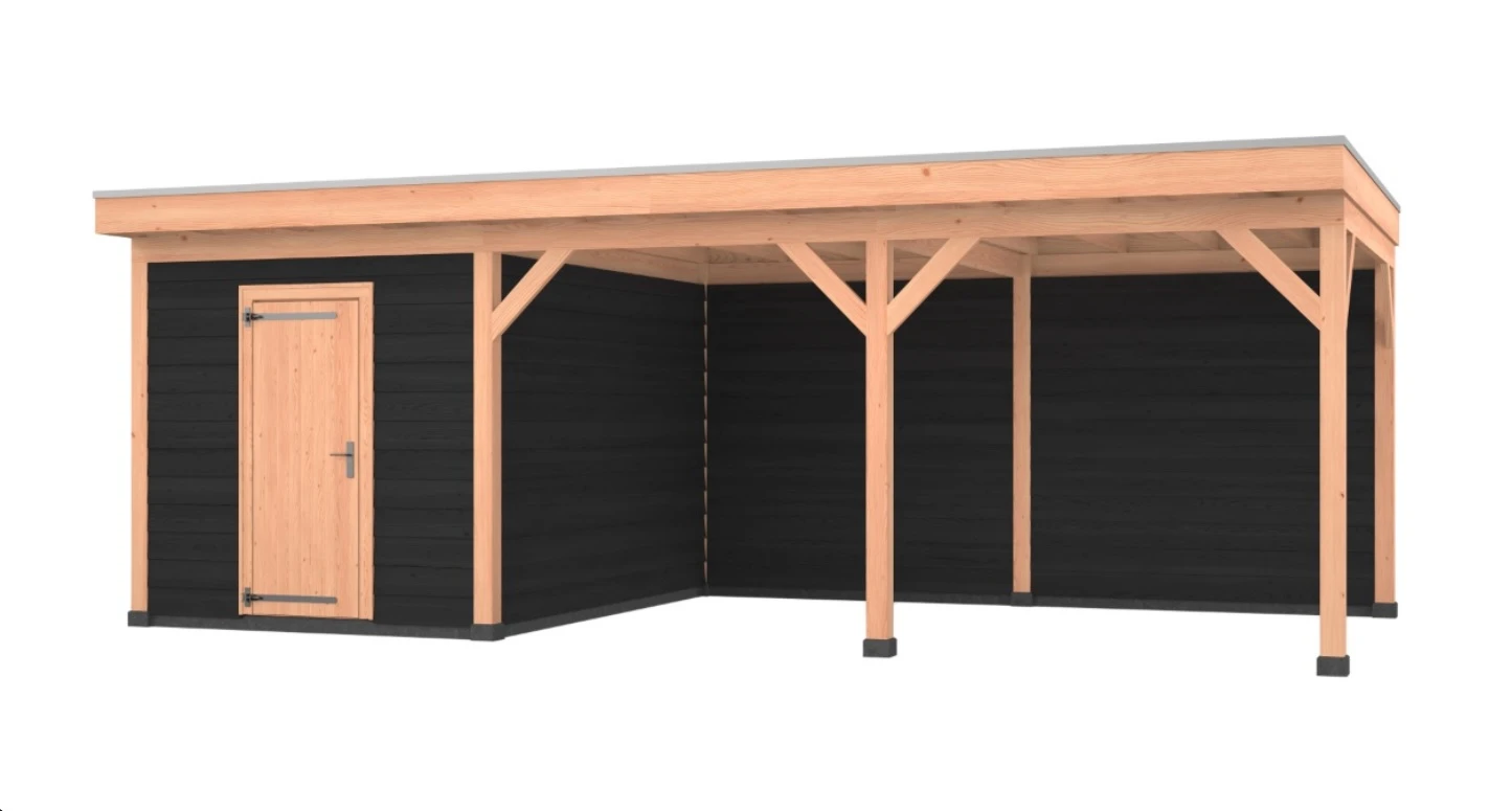 Douglas overkapping, 750 x 350, met zwarte schuur en achterwand, Westwood Comfort - Afbeelding 1