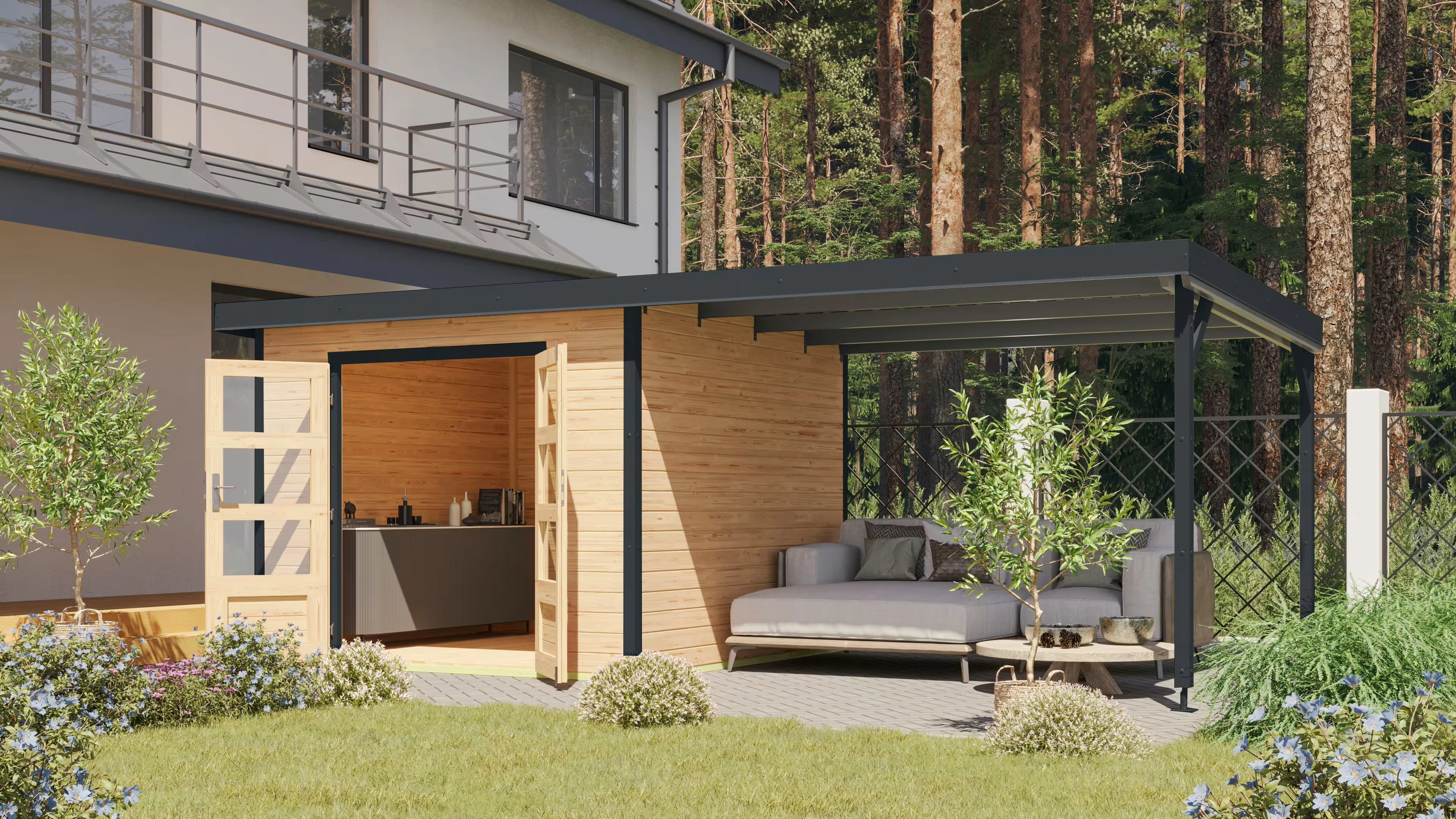 Karibu Tuinhuis Pluto A met Overkapping Blank-Antraciet 571 x 271 cm - Afbeelding 1