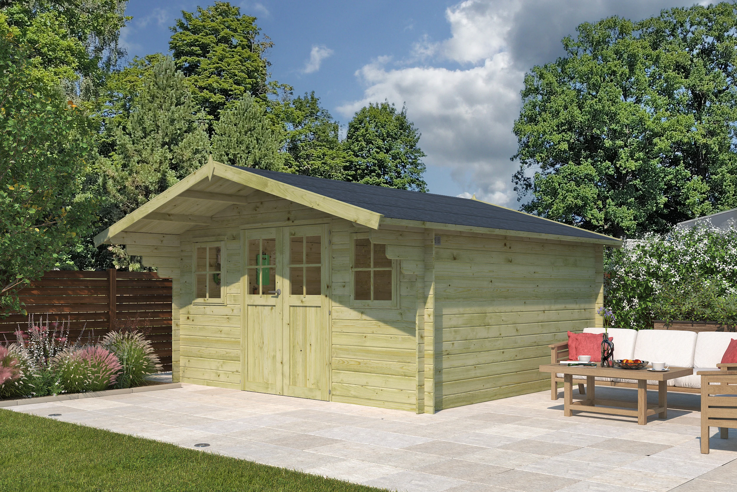 Woodlands Blokhut Quebec XL Groen Geïmpregneerd 415 x 385 cm - Afbeelding 1