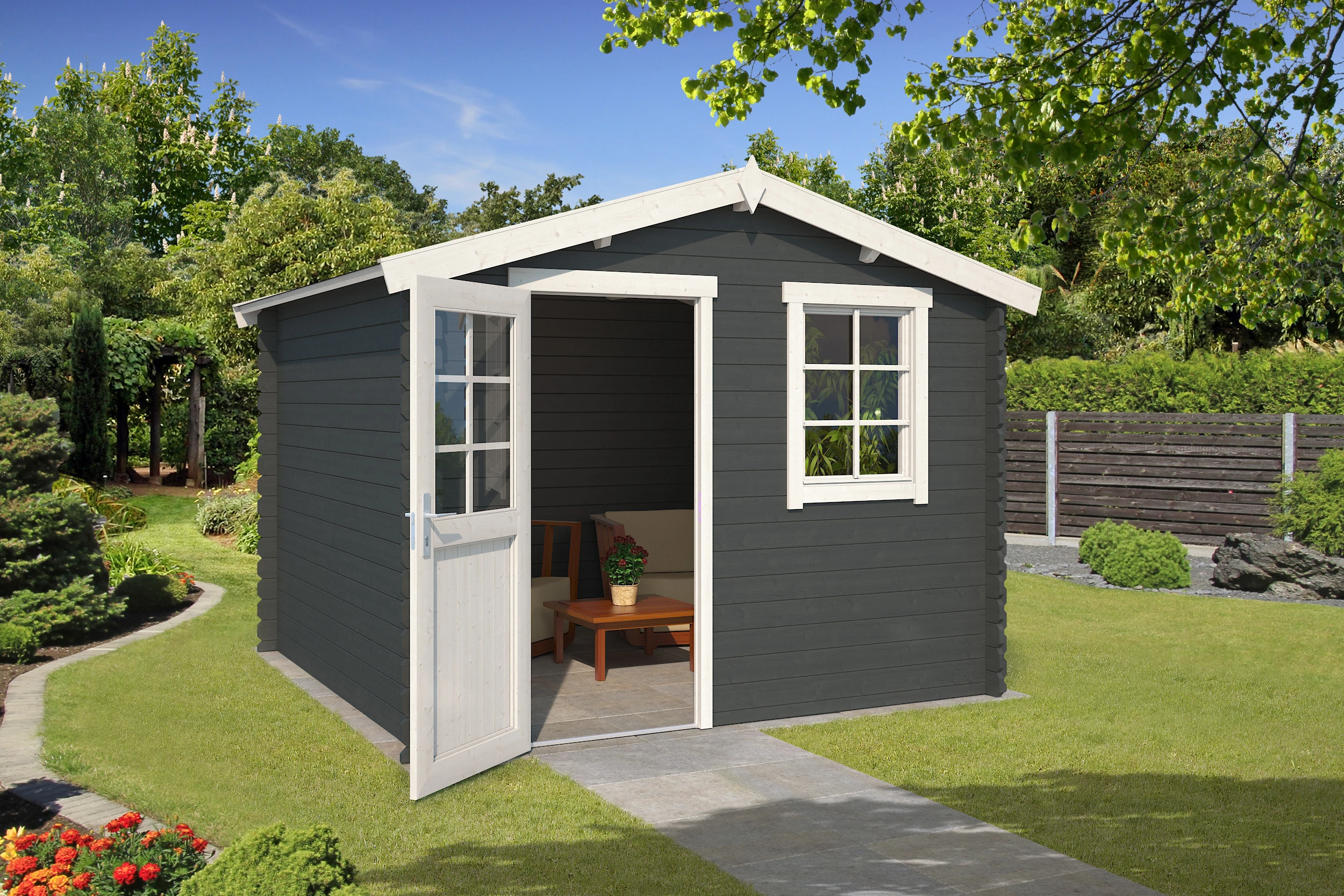 Outdoor Life Blokhut Nina Carbon Grey-Wit 275 x 275 cm - Afbeelding 1